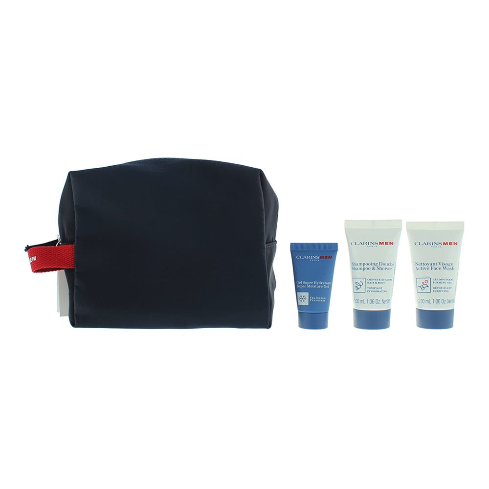 Clarins 4 Piece Gift Set: Active Face Wash 30ml - Hair Body Shampoo 30ml - Super Moisture Gel 12ml - Pouch