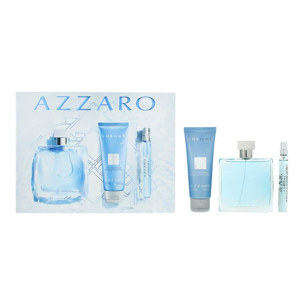 Azzaro Chrome 3 Piece Gift Set: Eau de Toilette 100ml - Eau de Toilette 10ml - Hair Body Shower Gel 75ml