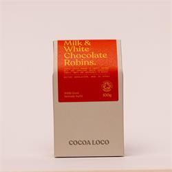 Cocoa Loco Organic Milk & White Chocolate Robins 100g