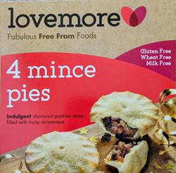Lovemore Foods Lovemore 4 Wheat Gluten & Milk Free Deep Fill Mince Pies 270g