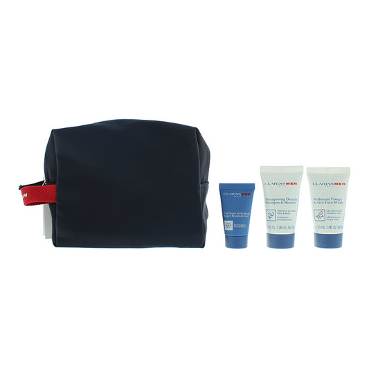 Clarins 4 Piece Gift Set: Active Face Wash 30ml - Hair  Body Shampoo 30ml - Super Moisture Gel 12ml - Pouch