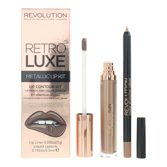 Revolution Retro Luxe Metallic Lip Kit Sovereign Lip Liner 1g  Liquid Lipstick 5.5ml